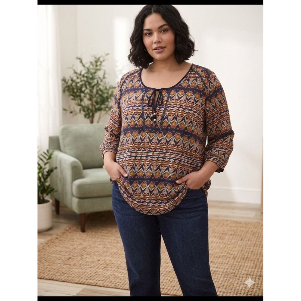 American Rag Plus Size 2X Navy Geometric Print Tie-Neck Boho Blouse
